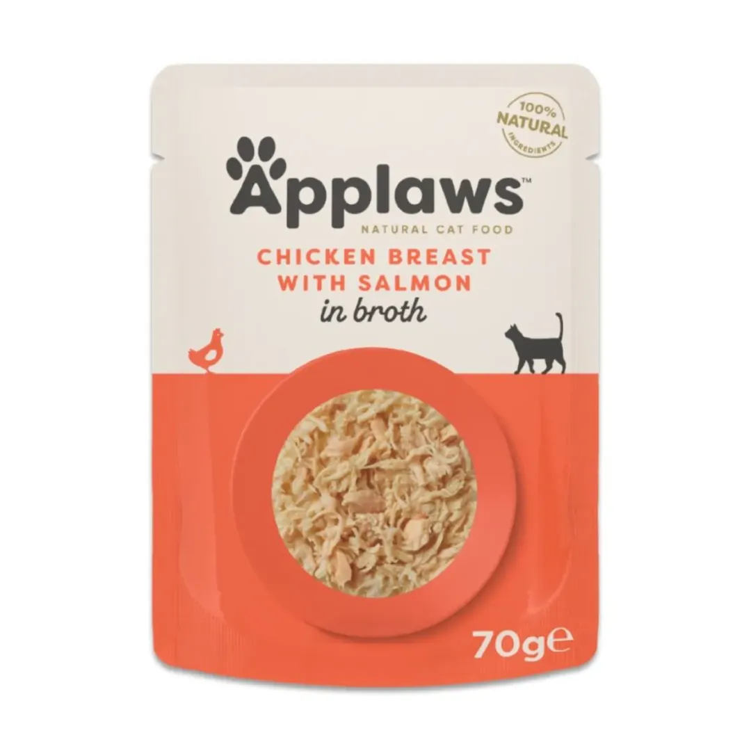 Hot Applaws Kattevådmad kylling og laks i bouillon 70 g pose Kattefoder & Snacks