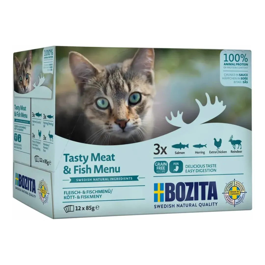 Best Bozita Kød & Fisk i sovs 12 x 85 g - laks, sild, kylling og rensdyr Kattefoder & Snacks