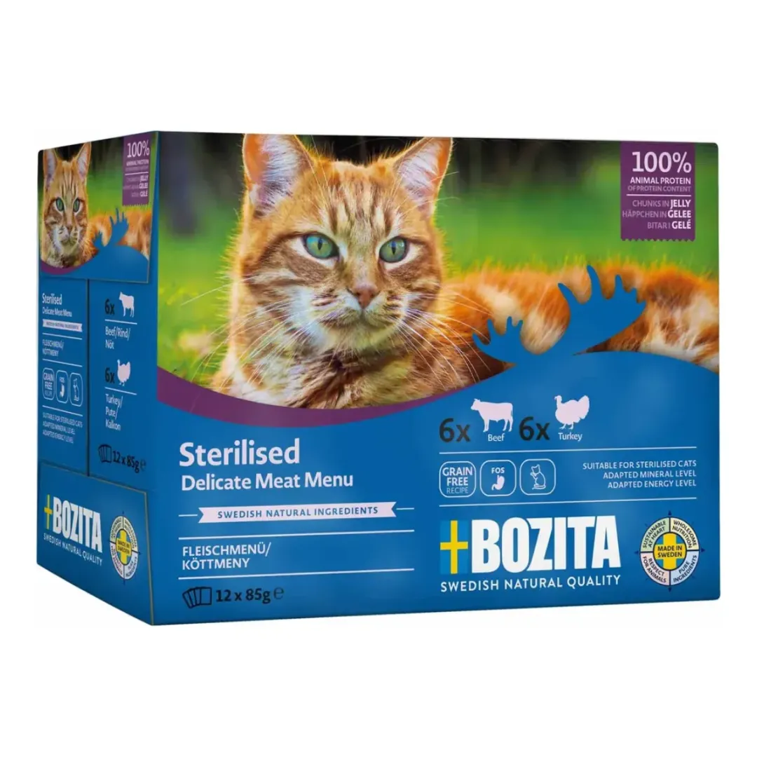 Best Bozita Sterilised Kød i gele 12 x 85 g - oksekød og kalkun Kattefoder & Snacks