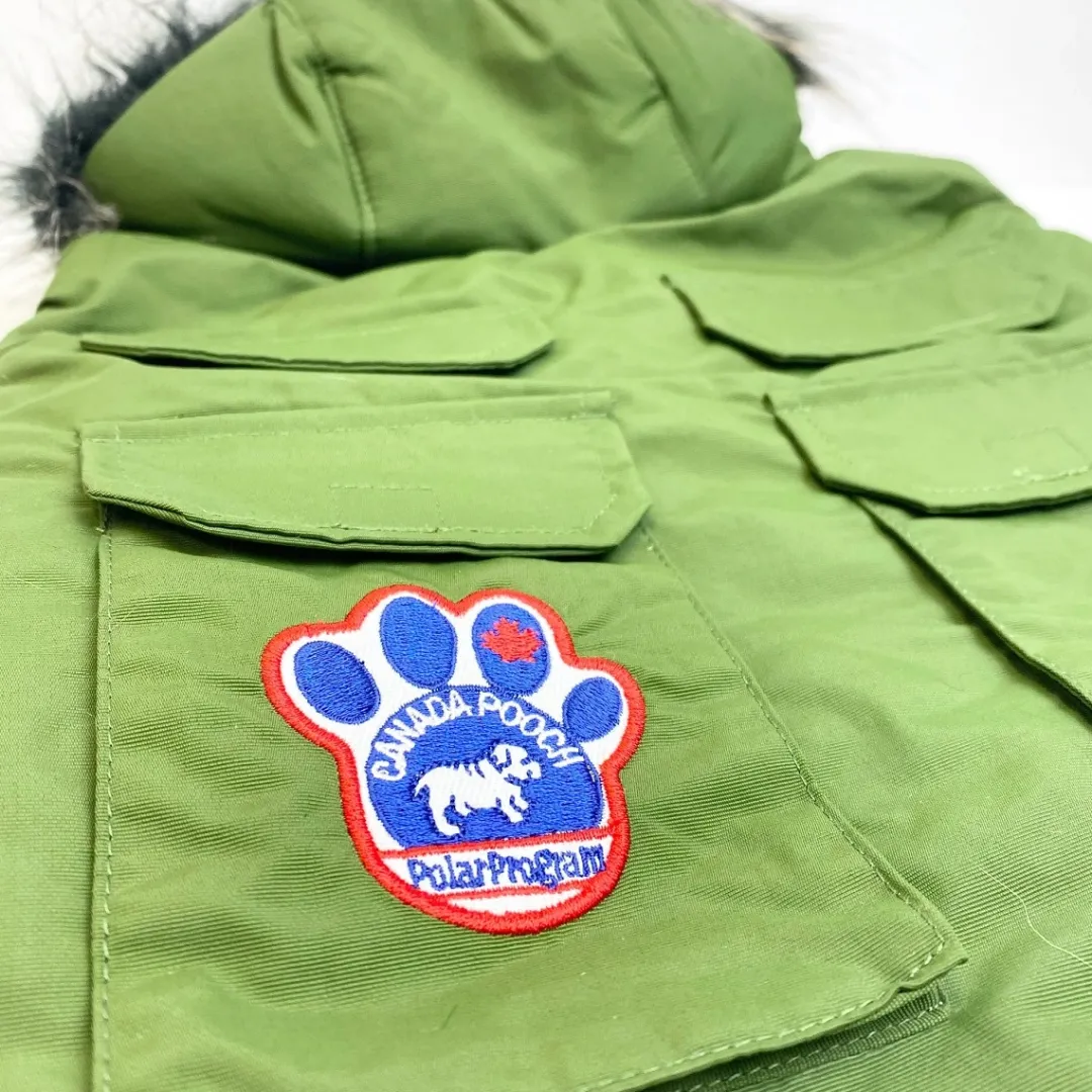 Hot Canada Pooch Everest Explorer hundejakke Militærgrøn 66 cm nr 26 Hundetøj Til Hvalpe - Varme Dækkener Og Sko Til Trygge Gåture|Hundetøj Til Alle Hunde Med Varme Dækkener Og Sko
