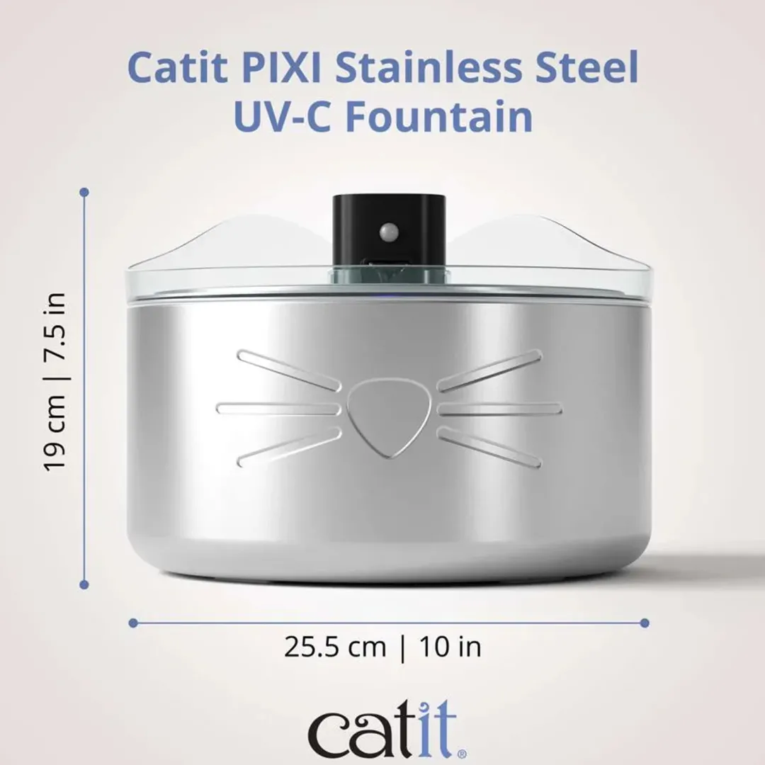Sale Pixi Drikkefontæne Rustfrit stål UV-C 5 Liter Mad- Og Vandskåle Til Katte