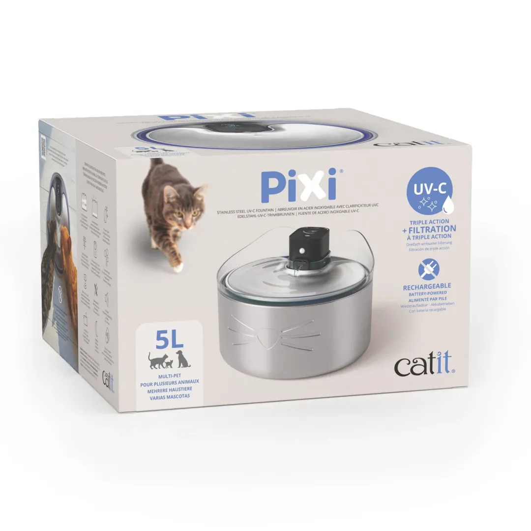Sale Pixi Drikkefontæne Rustfrit stål UV-C 5 Liter Mad- Og Vandskåle Til Katte