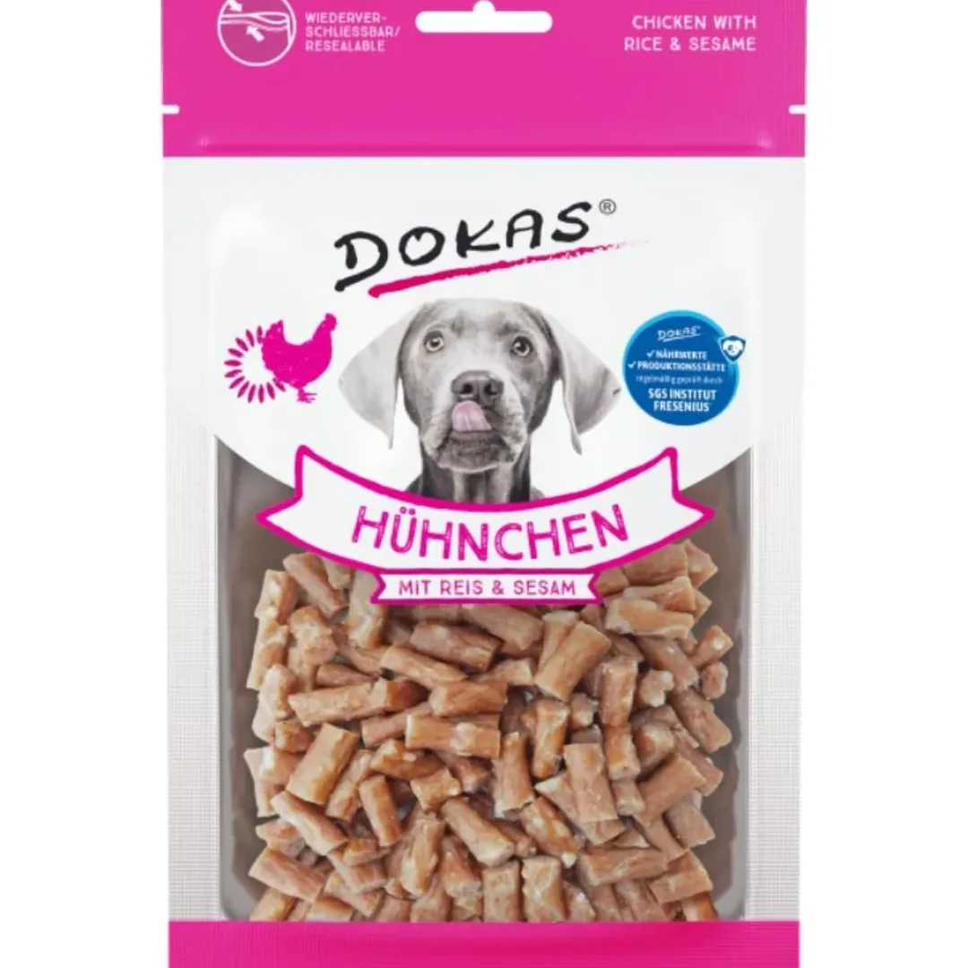 Discount Dokas Kylling med ris og sesam 70 g - sprøde hundesnacks Snacks Til Hvalpe - Lækre Godbidder Til Træning Og Forkælelse|Hundeguf Og Tyggeben Til Hunde
