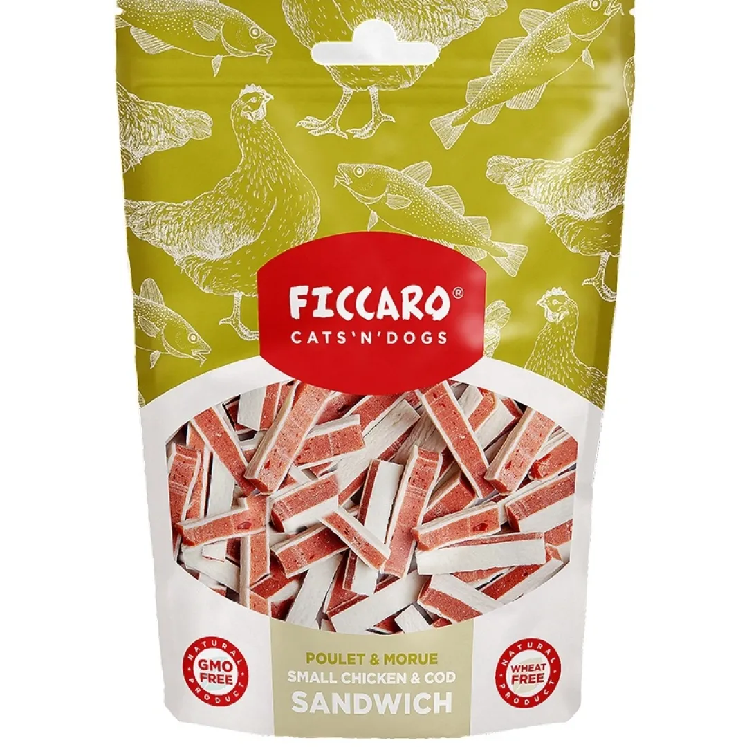 Sale FICCARO Hundesnack Kylling & Torsk Sandwich Small - små sandwichstykker 100 g Snacks Til Hvalpe - Lækre Godbidder Til Træning Og Forkælelse|Kattefoder & Snacks