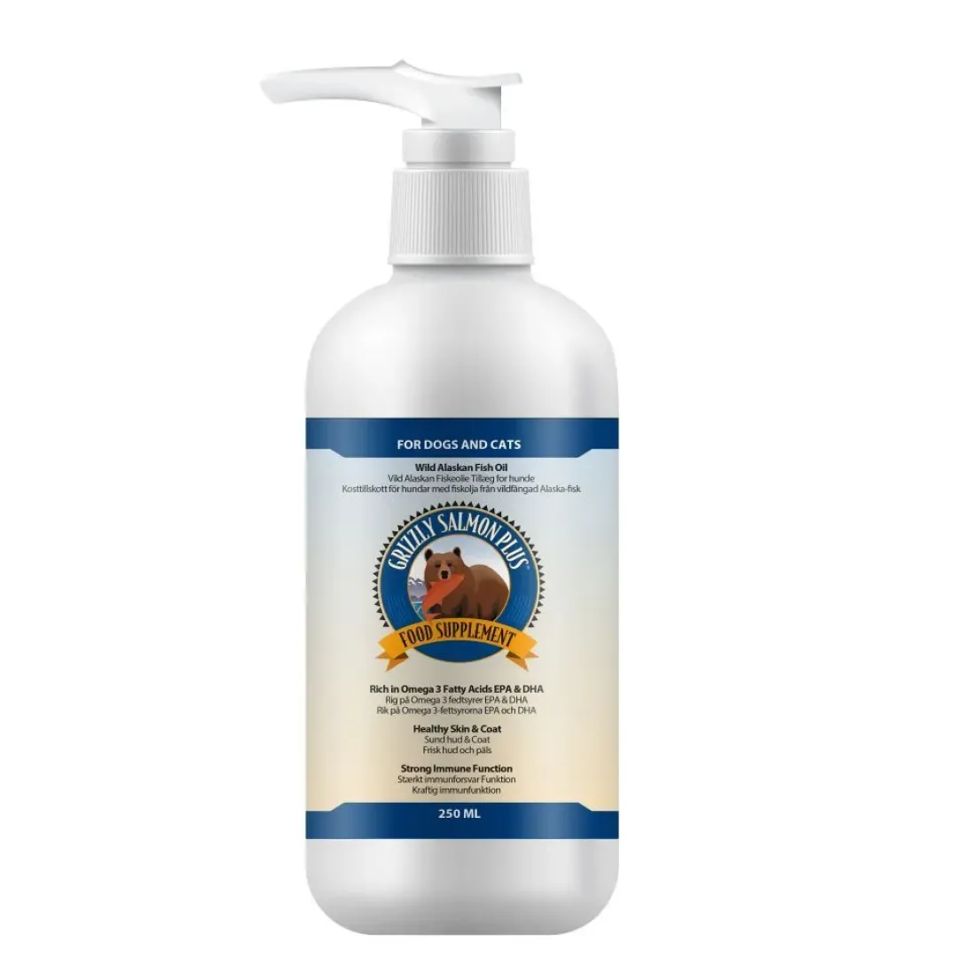 Outlet Grizzly Plus Vildlakseolie 250 ml Plejemidler Til Hund Med Fokus På Sundhed Og Velvære|Fodertilskud Til Hvalpe - Støtte Til Sund Vækst Og Trivsel