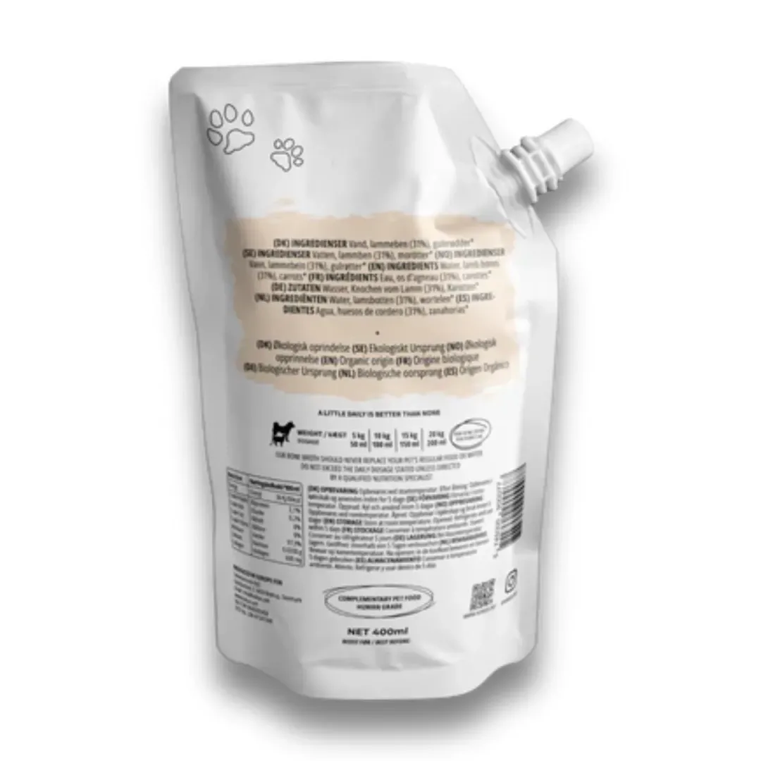 Hot Hokuo Lamb Bone Broth 400 ml - naturlig lammebouillon til hunde og katte Hundefoder|Fodertilskud Til Hvalpe - Støtte Til Sund Vækst Og Trivsel