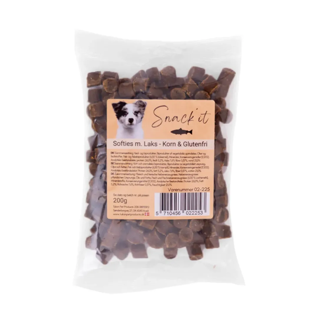 Discount Softies med laks hundesnacks 200 g - Blød belønning med fiskesmag Snacks Til Hvalpe - Lækre Godbidder Til Træning Og Forkælelse|Hundeguf Og Tyggeben Til Hunde