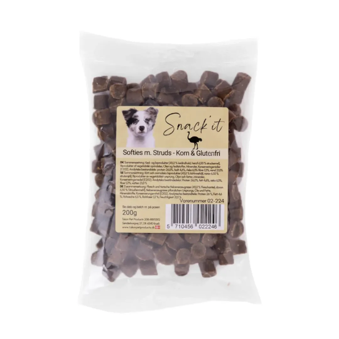 Outlet Softies med struds hundesnacks 200 g - Eksklusiv belønning med let smag Snacks Til Hvalpe - Lækre Godbidder Til Træning Og Forkælelse|Hundeguf Og Tyggeben Til Hunde