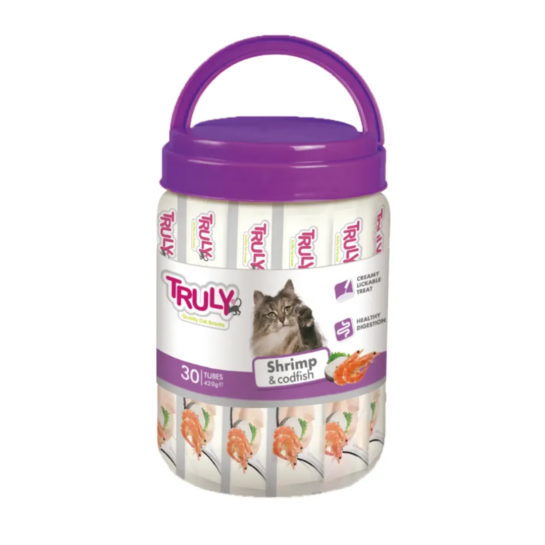 Truly Kat Cremet kattegodbid med rejer og torsk 420 g (30 tuber) Kattefoder & Snacks|Killingesnacks - Sunde Godbidder Til Killinger