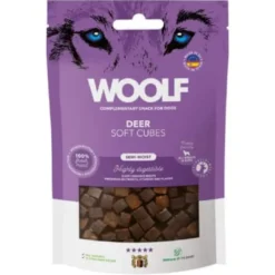 Clearance Woolf Hundesnack Bløde Terninger med Hjort - monoprotein 100 g Snacks Til Hvalpe - Lækre Godbidder Til Træning Og Forkælelse|Hundeguf Og Tyggeben Til Hunde