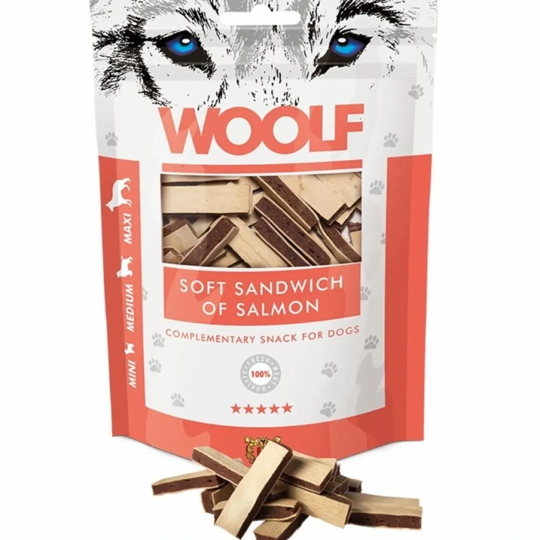Outlet Woolf Hundesnack Blød Sandwich med Laks Snacks Til Hvalpe - Lækre Godbidder Til Træning Og Forkælelse|Hundeguf Og Tyggeben Til Hunde