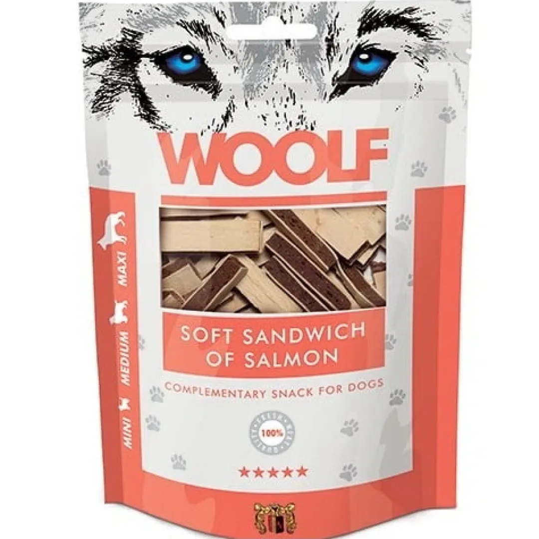 Outlet Woolf Hundesnack Blød Sandwich med Laks Snacks Til Hvalpe - Lækre Godbidder Til Træning Og Forkælelse|Hundeguf Og Tyggeben Til Hunde
