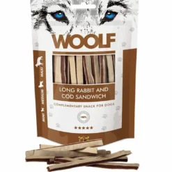 Discount Woolf Hundesnack Kanin og Torsk Lang Sandwich Snacks Til Hvalpe - Lækre Godbidder Til Træning Og Forkælelse|Hundeguf Og Tyggeben Til Hunde