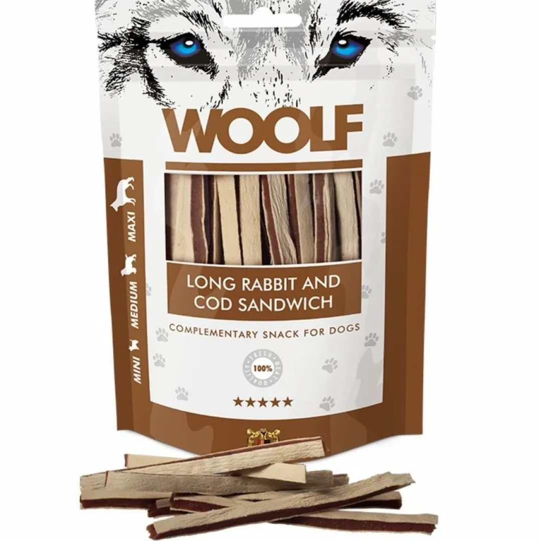 Discount Woolf Hundesnack Kanin og Torsk Lang Sandwich Snacks Til Hvalpe - Lækre Godbidder Til Træning Og Forkælelse|Hundeguf Og Tyggeben Til Hunde