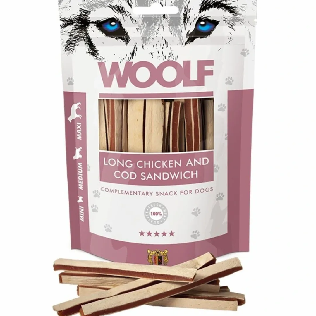 Online Woolf Hundesnack Kylling og Torsk Lang Sandwich Snacks Til Hvalpe - Lækre Godbidder Til Træning Og Forkælelse|Hundeguf Og Tyggeben Til Hunde