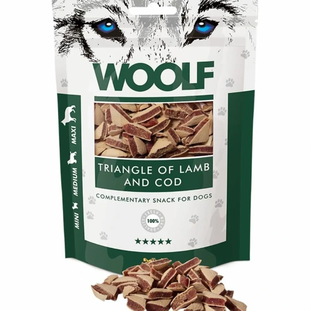 New Woolf Hundesnack Lam og Torsk Triangle Snacks Til Hvalpe - Lækre Godbidder Til Træning Og Forkælelse|Hundeguf Og Tyggeben Til Hunde