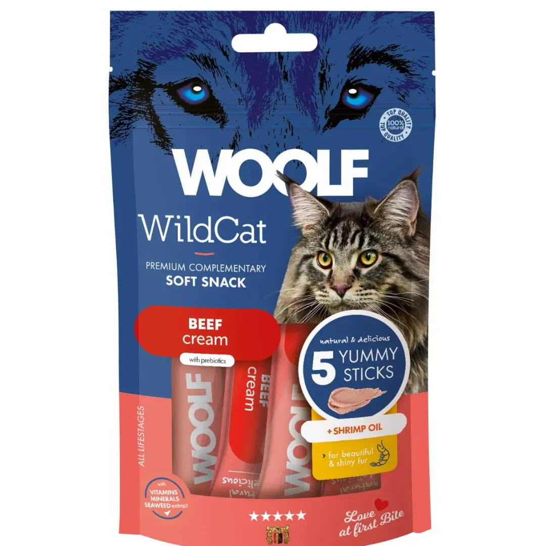Hot Woolf Wildcat Cream 5 stk - Lækker cremet snack med oksekød og rejeolie til katte Kattefoder & Snacks|Killingesnacks - Sunde Godbidder Til Killinger
