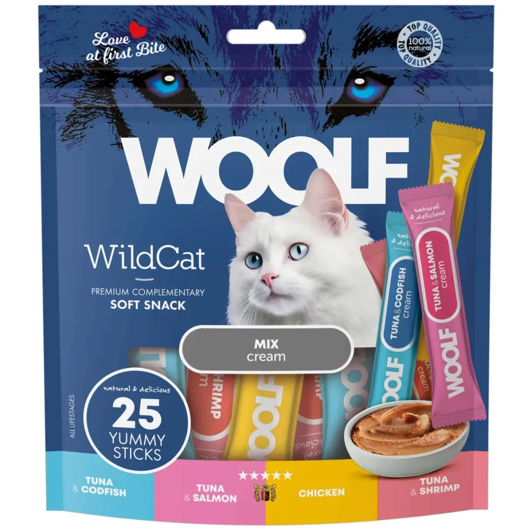 Clearance Woolf Wildcat Cream 25 stk - Mix af lækre kattegodbidder Kattefoder & Snacks|Killingesnacks - Sunde Godbidder Til Killinger