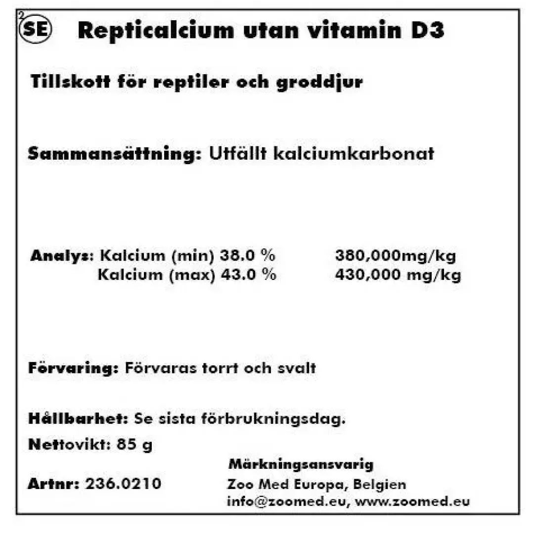 Online Repti Calcium uden D-vitamin 85 g Foder & Vitaminer Til Krybdyr